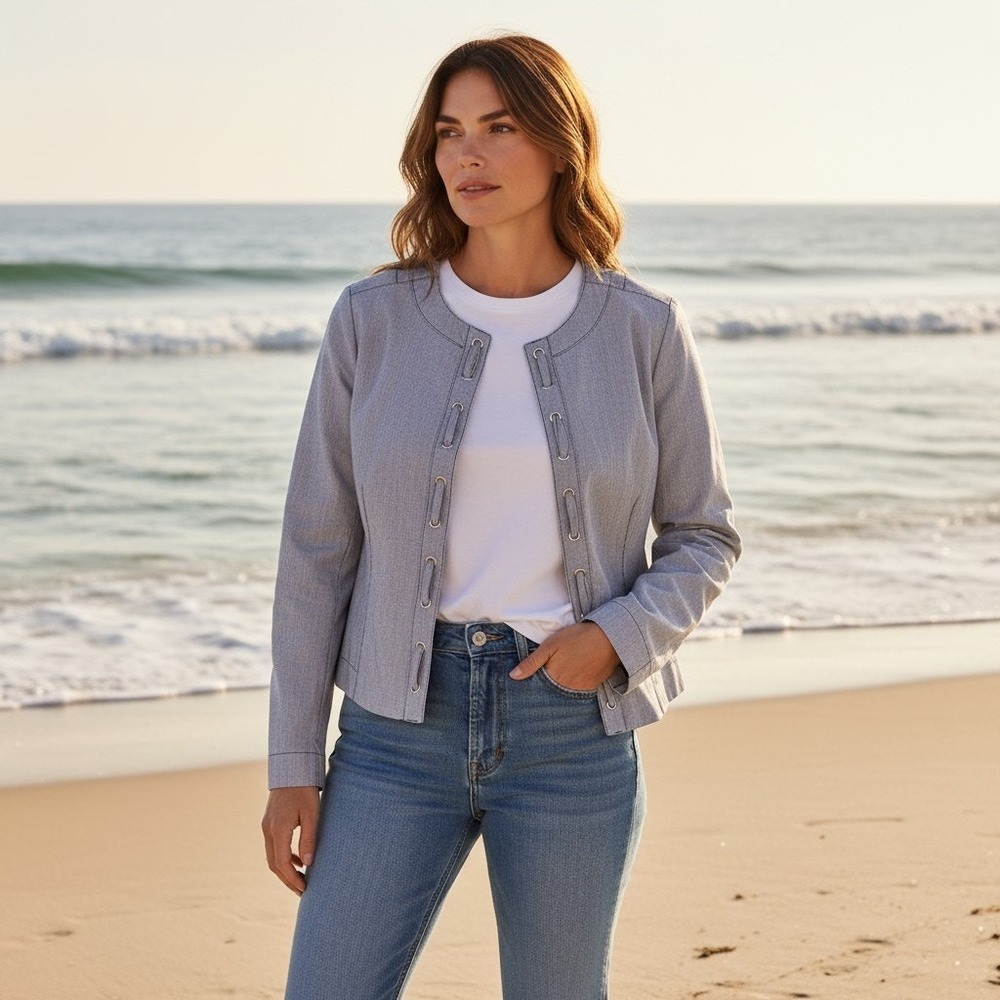 Nautical Jacket Women S Open Blue and White Striped Coastal Yacht Cotton Grommet